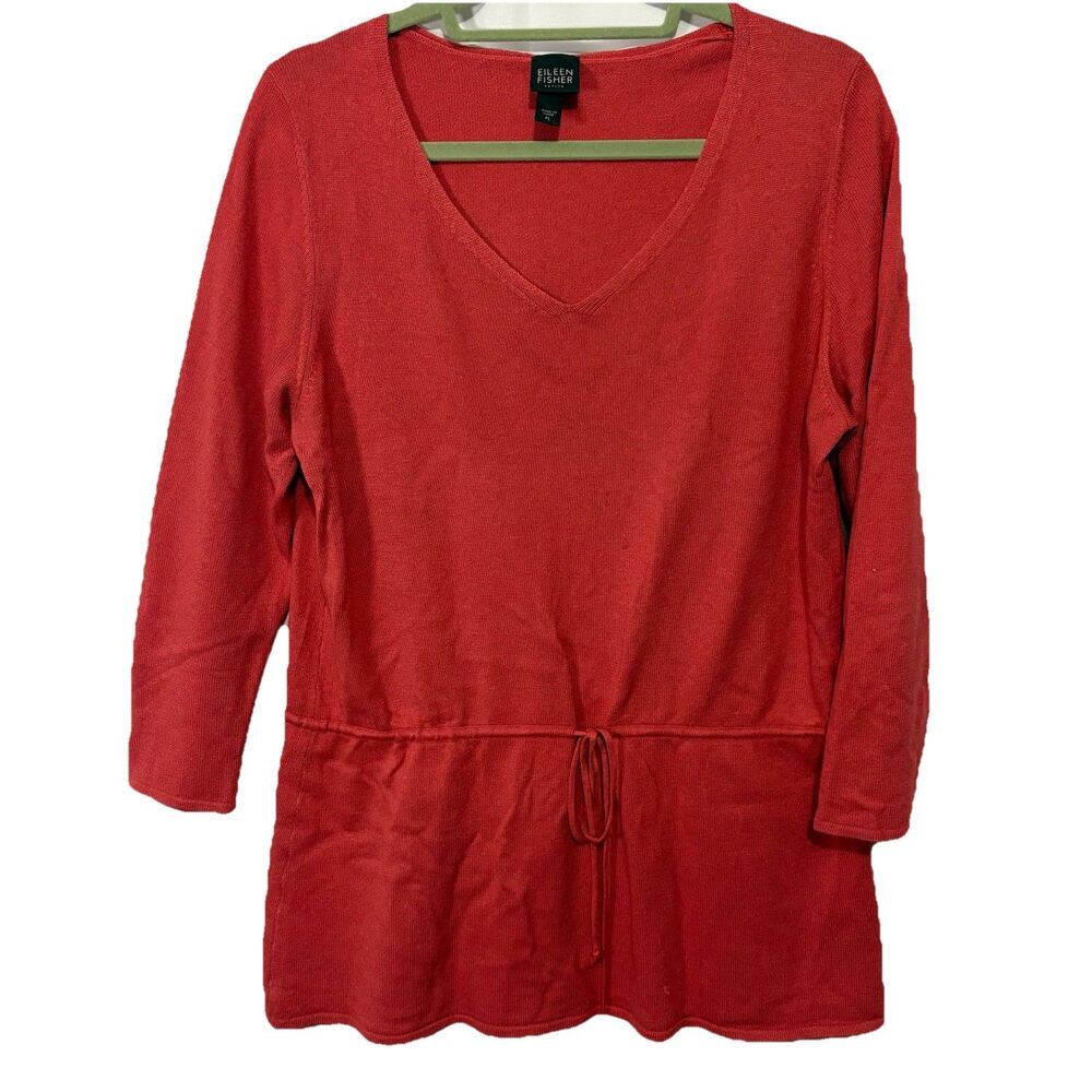 Eileen Fisher Petite L Coral Silk Cashmere V-Neck Cinch Waist Pullover Tunic